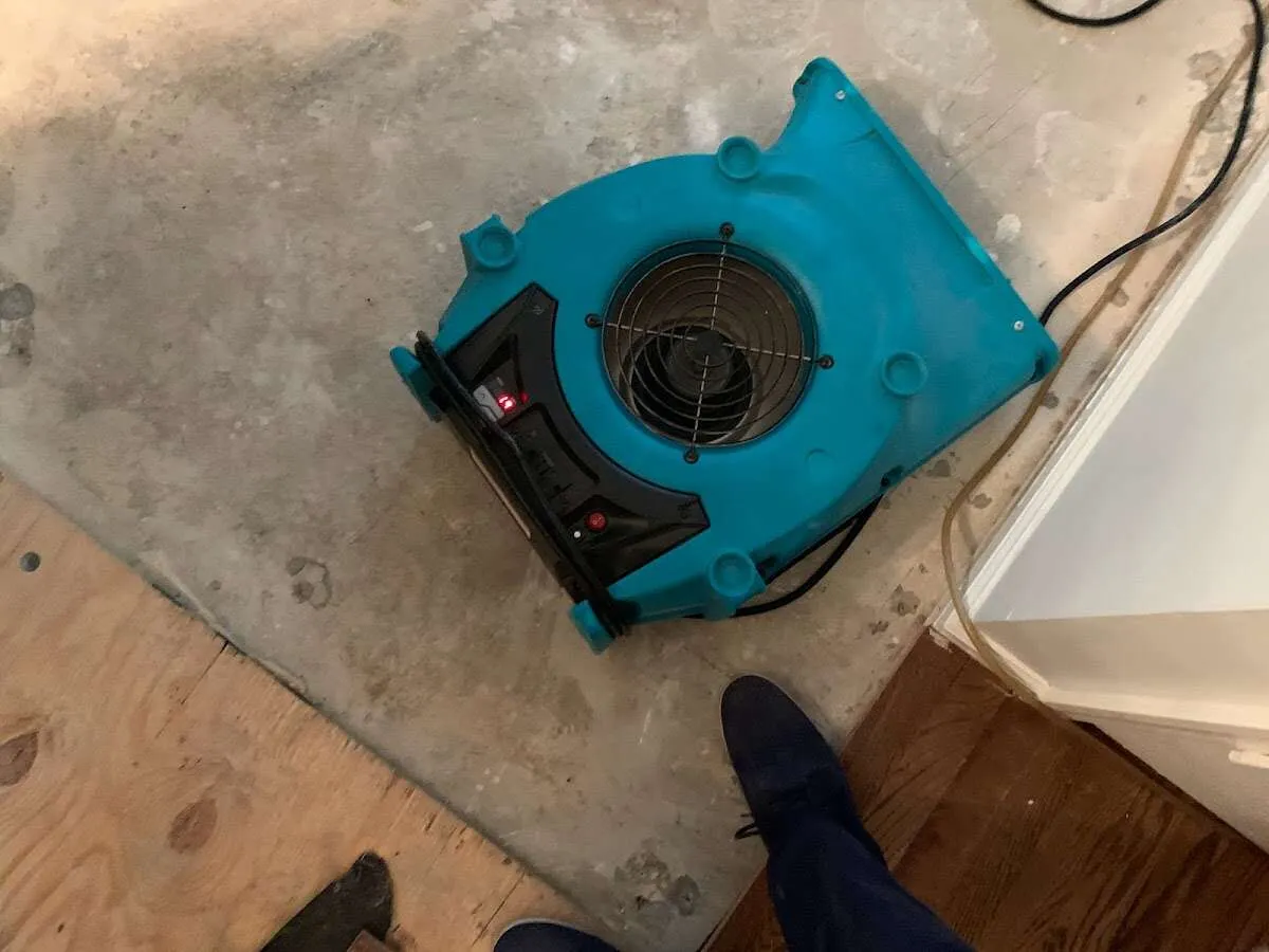 Air mover drying subfloor during Leak Detection & Repair in Macomb